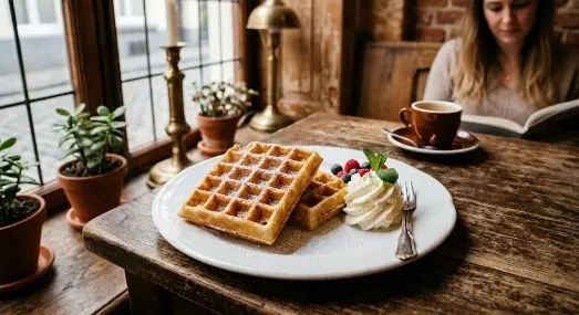 Belgian waffle with cream on a cafe table