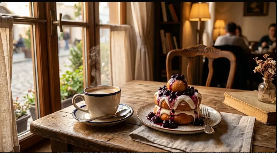 Coffee and fresh papanasi on a wooden table by a sunlit cafe window
