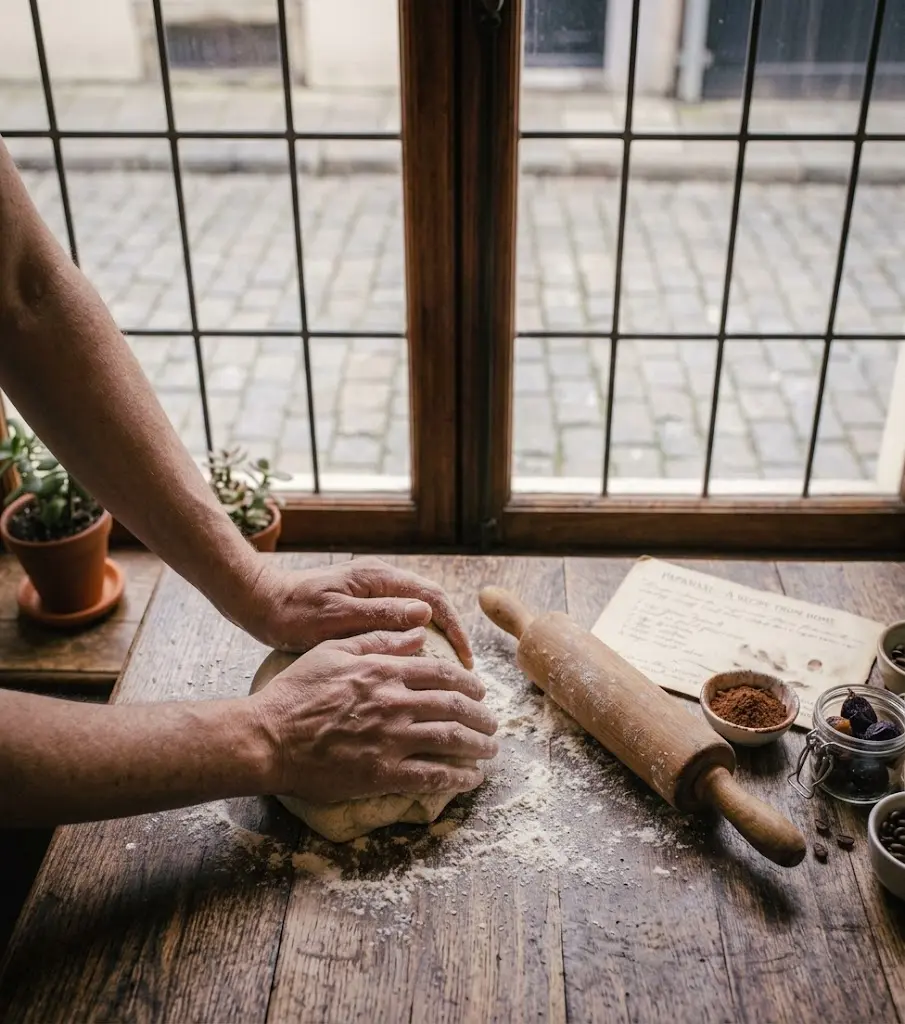 Hands working dough on a wooden table beside a handwritten recipe
