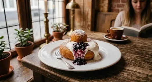 Romanian papanasi with soured cream and berry preserve