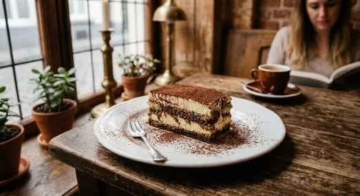 A slice of Italian tiramisu dusted with cocoa